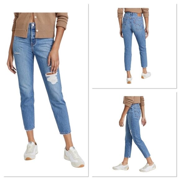 LEVIS WOMEN WEDGIE DISTRESSED MEDIUM WASH JEANS TAPERED LEG CROPPED SIZE 32‎ NEW - Picture 1 of 12